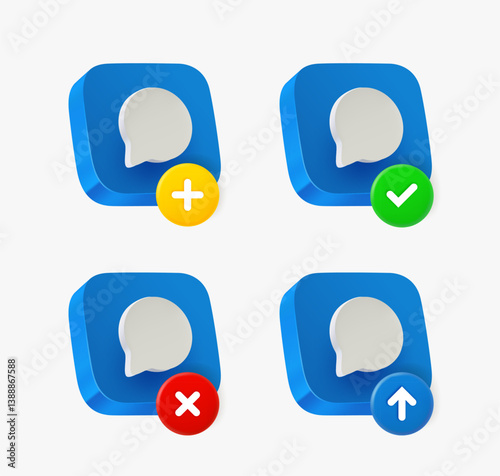 Speech bubble icon set with different pictograms. 3d vector icons collection