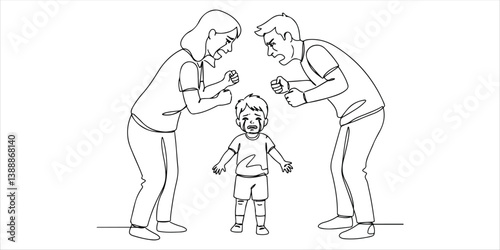 A young child stands between their arguing parents, overwhelmed by the tension and conflict, tears streaming down their face as they struggle to process the emotional turmoil unfolding around them.

