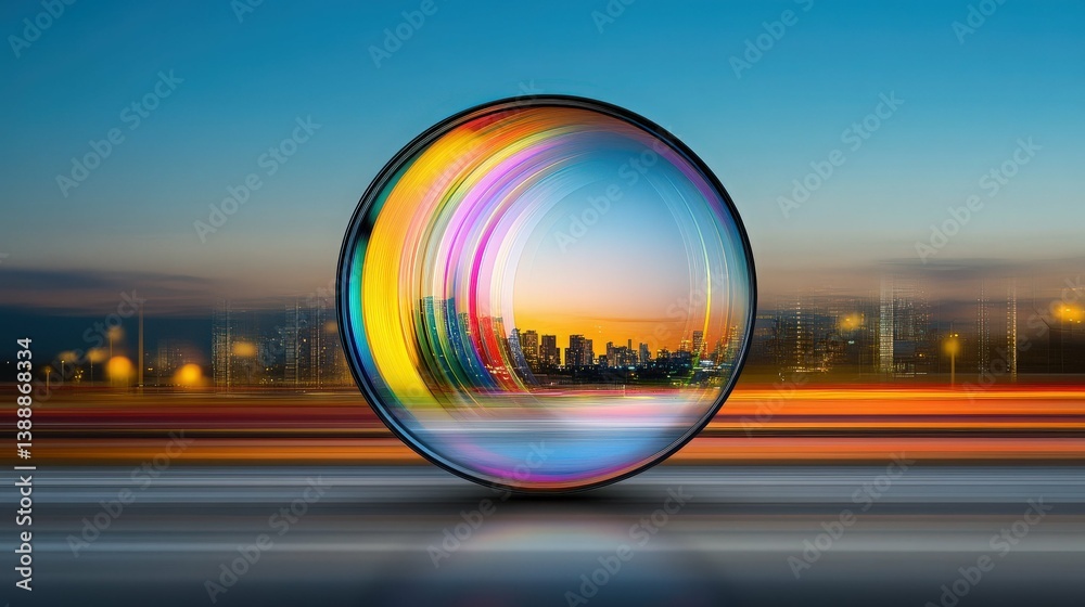 Cityscape in a Crystal Ball: A vibrant cityscape at sunset is reflected in a large, colorful crystal ball, creating a surreal and dreamlike image. Light trails streak across the foreground.