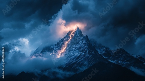 Lightning strikes snowy peak, dramatic cloudscape, nighttime mountain range, power concept