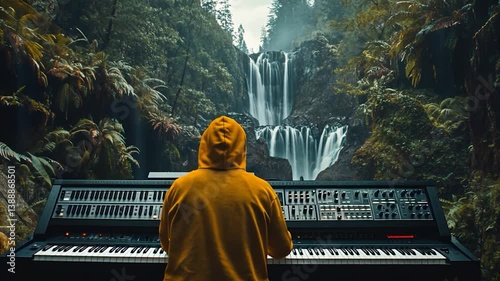 Musician in a yellow hoodie playing a keyboard near a serene waterfall