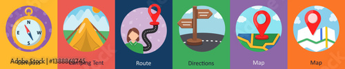 A set of 6 mix icons as compass, camping tent, route
