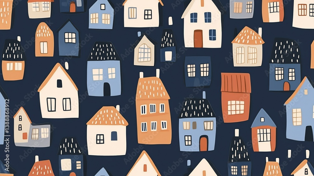 Colorful Whimsical Houses Seamless Pattern Design on Dark Navy Background