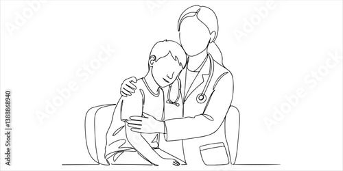 A pediatrician or nurse warmly embraces a young schoolboy during a consultation in the hospital, offering comfort and reassurance while fostering a caring and supportive environment for his well being