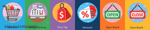 A set of 6 mix icons as grocery, billing machine, price tag