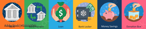 A set of 6 mix icons as bank, bank transfer, loan