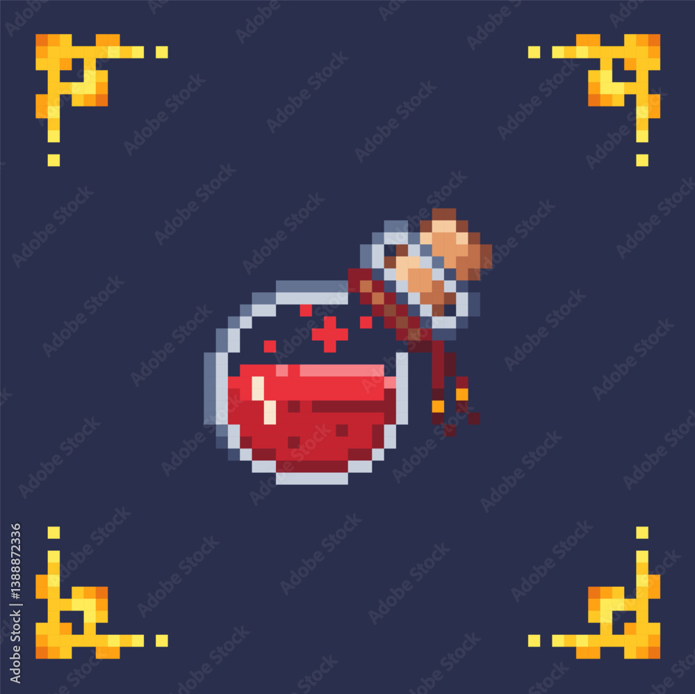 Fototapeta premium pixel art isolated icon red healing potion with gold frame for 2d rpg retro game