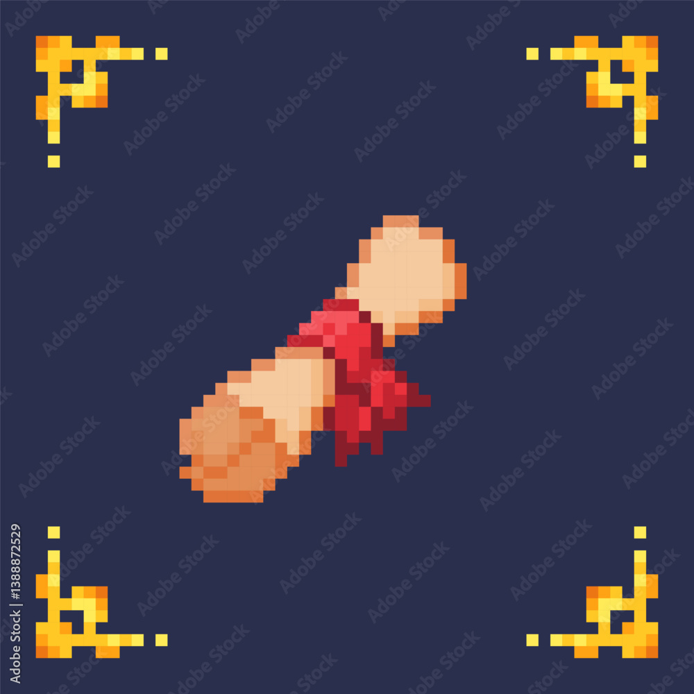 Fototapeta premium Pixel art icon scroll with red ribbon for rpg retro 2d game