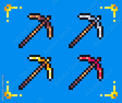 Pixel art pickaxe icon set for rpg retro game