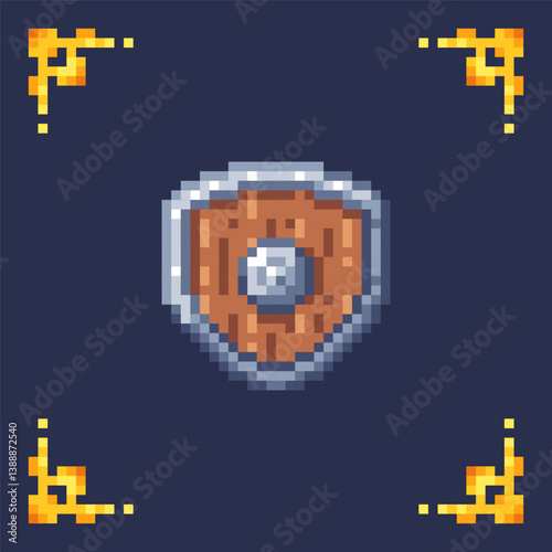 Pixel art icon wooden shield for rpg 2d retro game