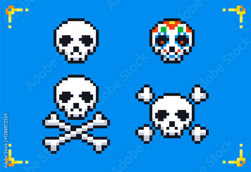 Pixel art skull icon set for rpg retro game