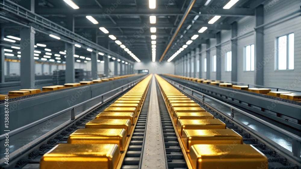 Fototapeta premium A conveyor belt displays golden bars in a modern industrial setting, highlighting a structured and efficient storage or processing area for precious materials.