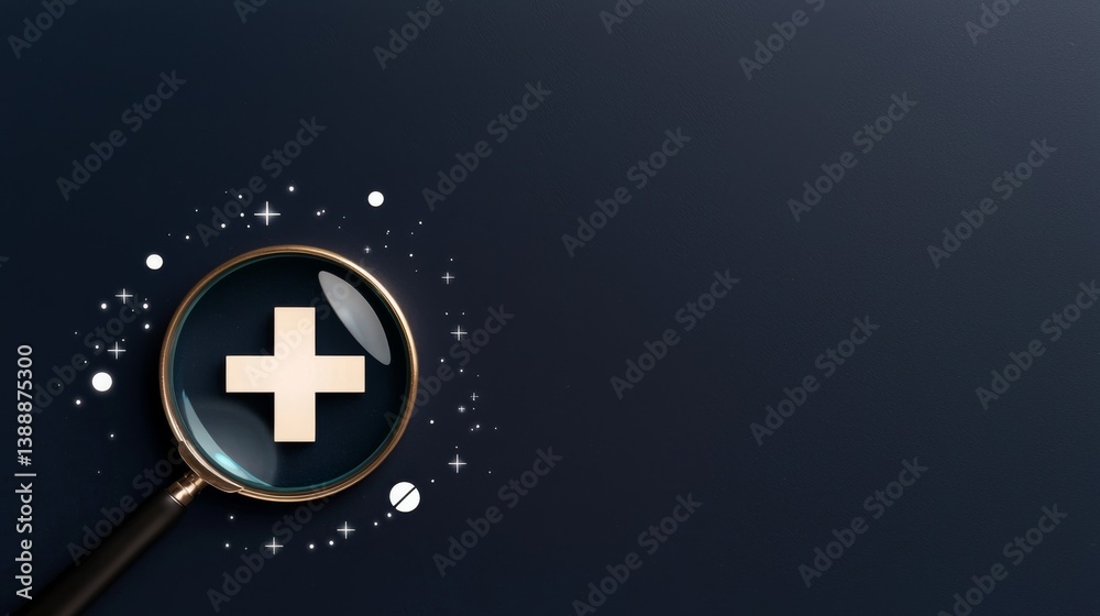 Medical Plus Sign Under Magnifying Glass On Dark Blue Background Medical Plus Sign Under Magnifying Glass On Dark Blue Background