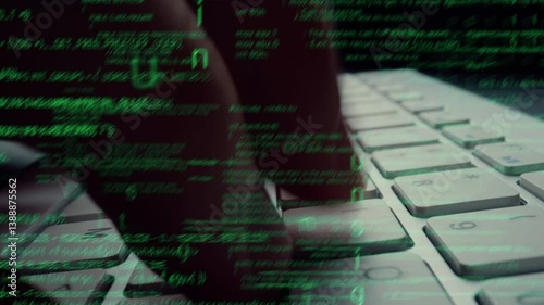 Creative visual of computer programming coding and software development shown by man working on computer keyboard with overlay of computer graphic displaying abstract program codes and computer script