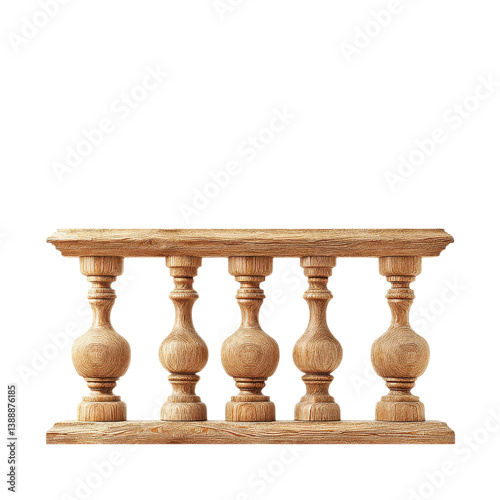 Wooden balustrade with decorative posts. Architectural element for balconies, stairs, or terraces. Isolated on white.