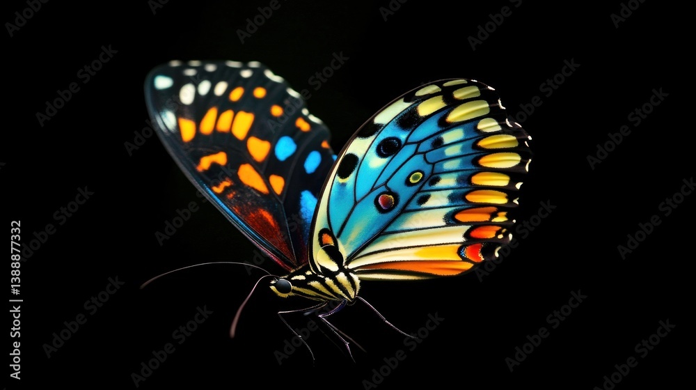 Obraz premium A Colorful Butterfly Displays Its Magnificent Wings Against Darkness