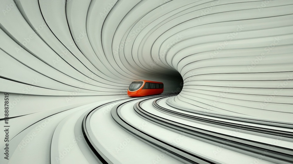 Futuristic Tunnel Transport: A cutting-edge, high-speed train glides through a dynamically designed, spiraling tunnel, representing speed and advanced transport technology.