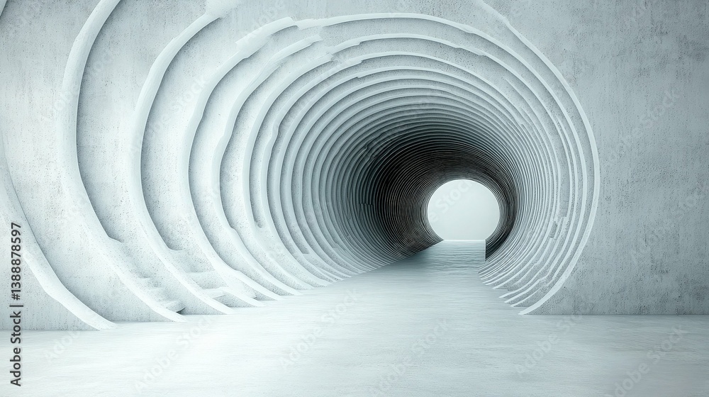 Tunnel of Perspective: A captivating, minimalist architectural marvel featuring concentric, spiraling structures that lead the eye toward an inviting aperture.