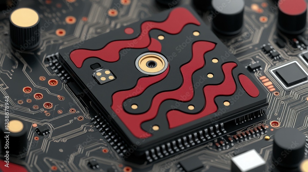 Circuit Board: A close-up view of a cutting-edge circuit board, revealing intricate electronic components and a central processor unit, showcasing the essence of modern technology.
