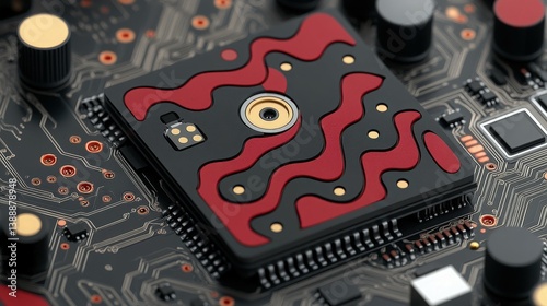 Obraz na płótnie Circuit Board: A close-up view of a cutting-edge circuit board, revealing intricate electronic components and a central processor unit, showcasing the essence of modern technology. w salonie