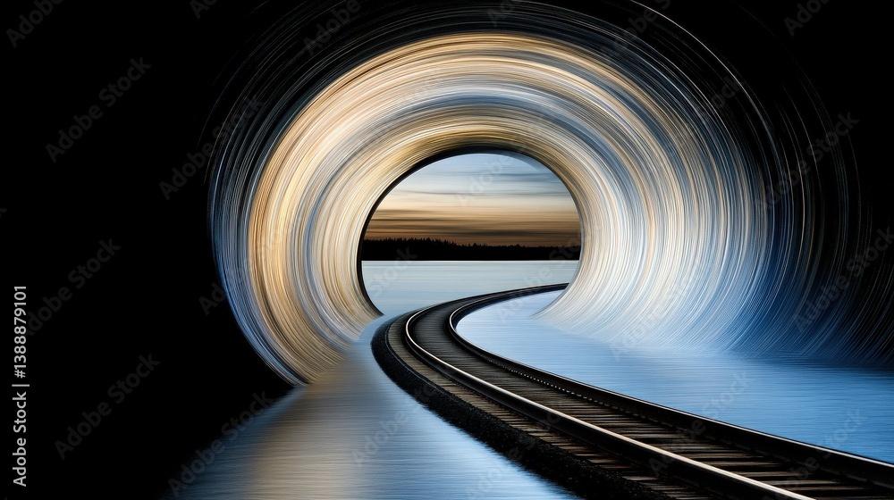 Pathway to Tomorrow: A mesmerizing abstract photograph, guiding the eye along the curved railway tracks into a surreal, tunnel-like vortex, offering a glimpse of an ethereal landscape.