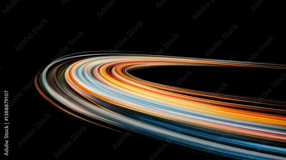 Dynamic Curves: A stunning display of light trails, an abstract illustration featuring a vibrant display of dynamic curves, against a dark backdrop.