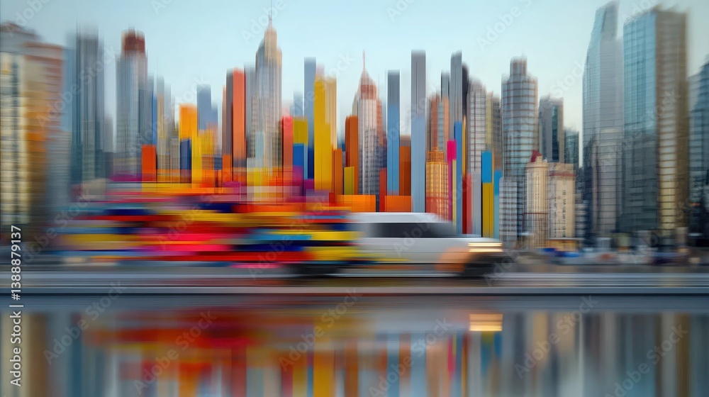 Urban Journey: A sleek vehicle streaks across a cityscape, its motion blurred against a vibrant backdrop of colorful skyscrapers and buildings, emphasizing speed, progress.