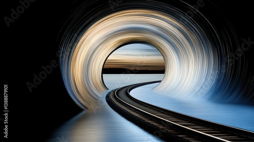 Obraz na płótnie Pathway to Tomorrow: A mesmerizing abstract photograph, guiding the eye along the curved railway tracks into a surreal, tunnel-like vortex, offering a glimpse of an ethereal landscape. w salonie
