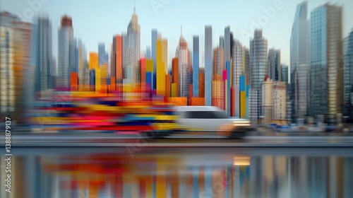 Obraz na płótnie Urban Journey: A sleek vehicle streaks across a cityscape, its motion blurred against a vibrant backdrop of colorful skyscrapers and buildings, emphasizing speed, progress. w salonie