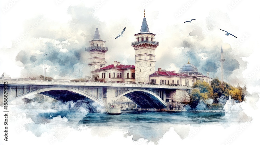Naklejka premium Istanbul Bosphorus Bridge with Maiden's Tower and Galata Tower in Sepia-Toned Oil Painting Aesthetic Chaos with Seagulls and Panoramic Skyline