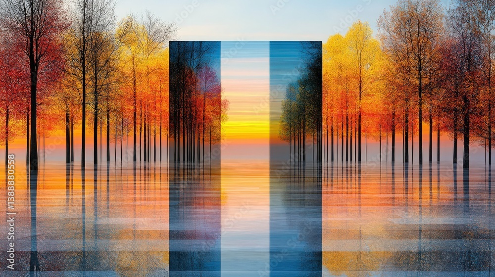 Abstract Autumnal Panorama: An abstract perspective on an autumn scene featuring vibrant trees and a central geometric shape reflecting in the water.