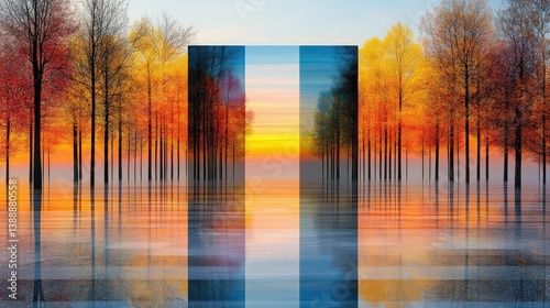 Obraz na płótnie Abstract Autumnal Panorama: An abstract perspective on an autumn scene featuring vibrant trees and a central geometric shape reflecting in the water. w salonie
