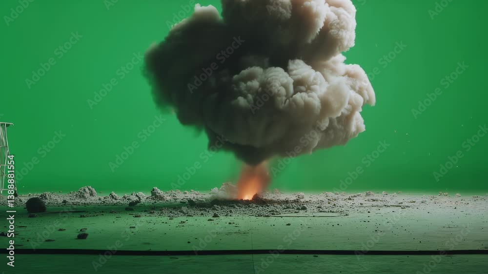 Realistic explosion with debris and smoke rising on a green screen background, perfect for visual effects and compositing in film, television, or other projects