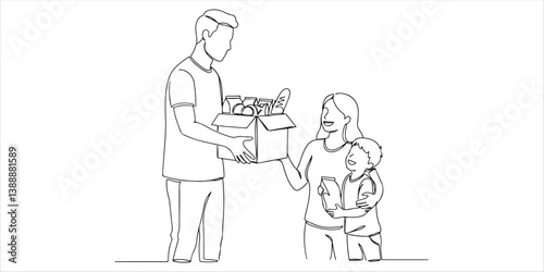 A male volunteer warmly hands a box of groceries to a joyful woman and her son, offering support and kindness as they receive the much needed essentials with gratitude and appreciation.

