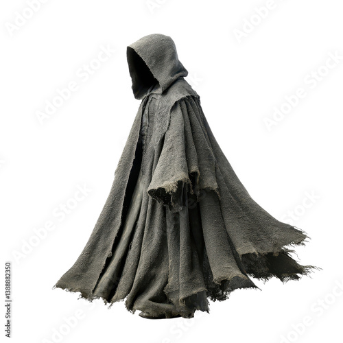 Mysterious figure in a tattered cloak with a hood. Concept of fantasy, horror, and mystery. photo