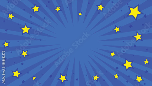 Comic blue beam lines. blue sunburst with yellow stars. . sunburst background. pop art comic background
