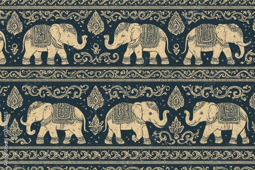 Thai Elephant Seamless Pattern on Navy Background