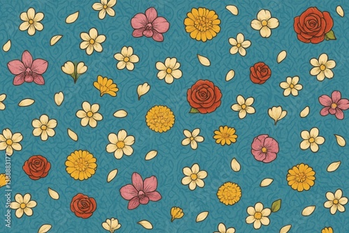 Seamless Pattern of Thai Flowers Floating on Blue Background