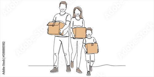 A joyful family, with loving parents and their son, carries boxes as they settle into their new home. With excitement and anticipation, they embrace this fresh chapter, making their house or apartment