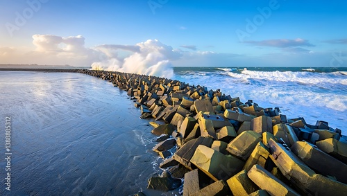 Dramatic ocean waves fiercely collide with a robust tetrapod breakwater at sunrise creating a stunning display of nature's power and the resilience of man-made structures