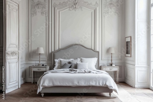 Elegant bedroom featuring a bed with matching bedside tables and lamps