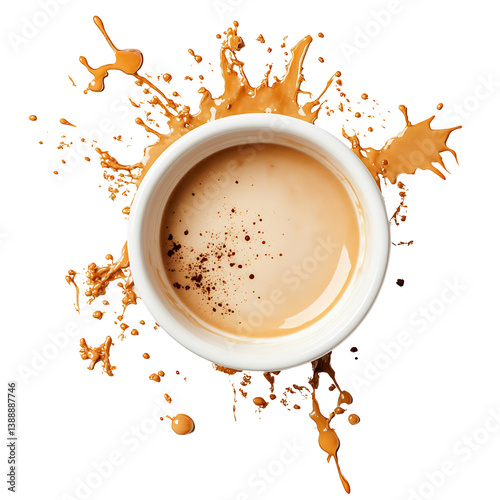Espresso coffee cup explodes warm brown paint splatters white background. AI Generated