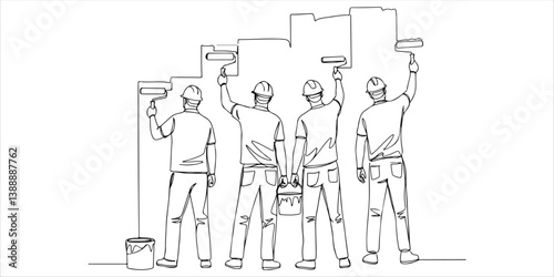 A group of male painters stands with their backs turned, diligently applying fresh coats of paint to the walls using roller brushes, transforming the space with precision and expertise.

