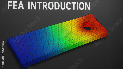 image showcases finite element analysis simulation in engineering, illustrating mesh grid on rectangular object with hole