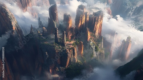 Misty Mountaintop Village Sunrise Fantasy Game Background