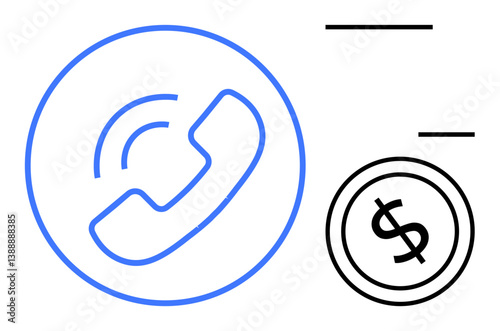 Phone within a circle indicating communication next to a dollar coin symbolizing monetary interaction. Ideal for customer service, billing, business calls, sales, fintech, payments, flat simple