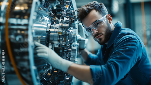 A space engineer testing satellite propulsion systems, satellite test lab with propulsion components and testing equipment visible, High-tech style