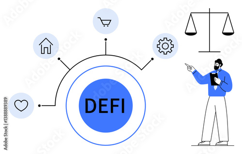 DEFI concept surrounded by home, heart, shopping cart, and gear icons. Professional points at a scale representing balance. Ideal for finance, innovation, technology, blockchain decentralization