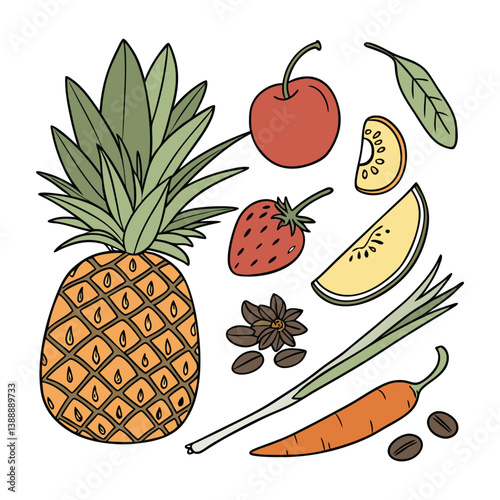 Abacaxi, Frutas, verduras, alimentos, temperos, comida. Isolados em fundo branco