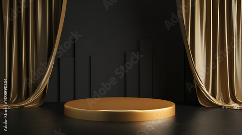 Luxury Product Display: Elegant Gold Podium & Draped Curtains | Premium Presentation Background